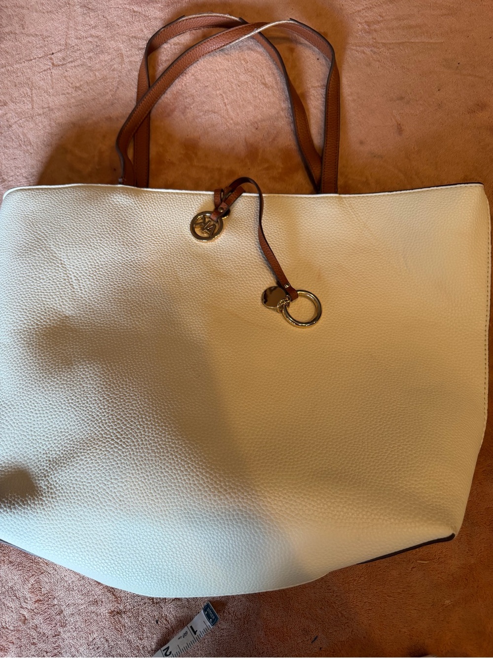Anne Klein Cream Tote with Brown Straps and Gold Charm